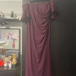 Calvin Klein Burgundy Off Shoulder Ruffled Sleeves Floor Length Dress